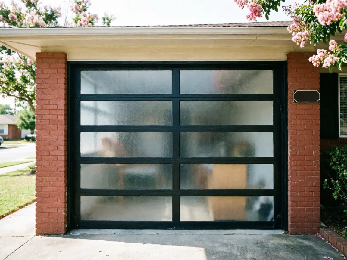 A modern garage door with frosted glass panels is set in a brick house.