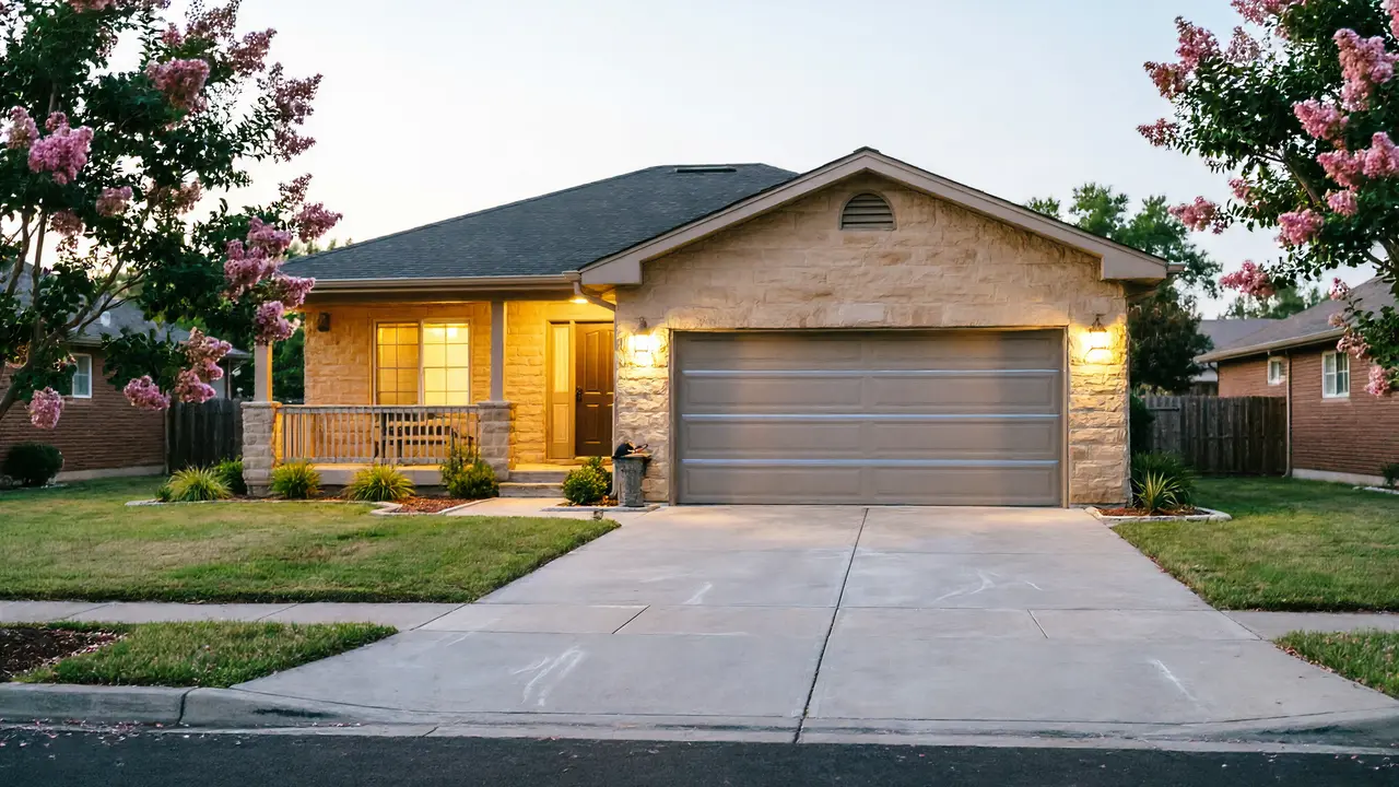 A light brown house with a single garage door and a porch.
