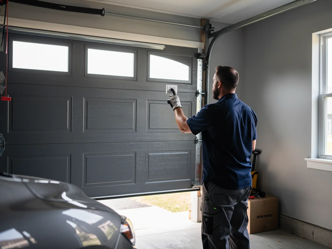 A technician in a blue shirt and gray pants operates a gray garage door.
