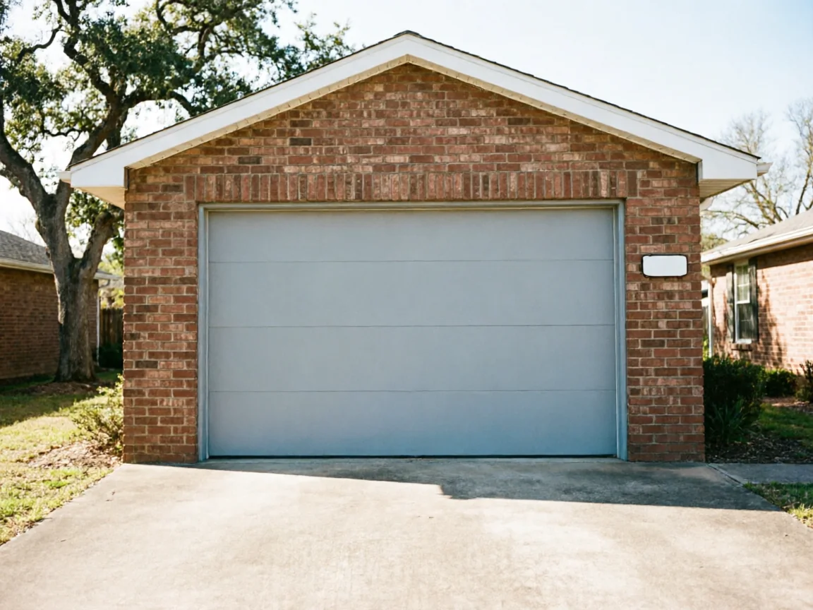 A light gray garage door is set into a brick garage with a concrete driveway.