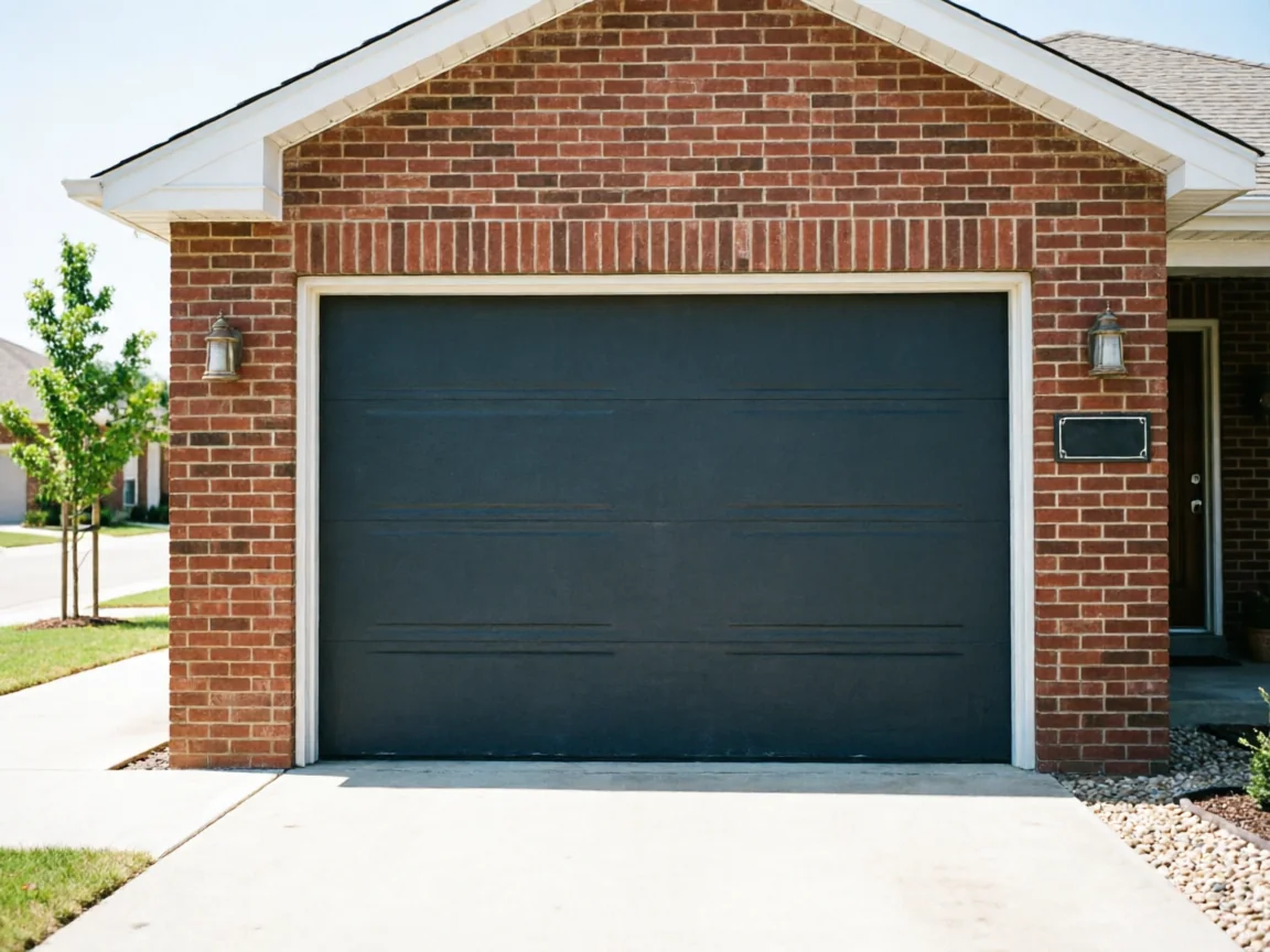 A dark gray garage door is centered in a red brick house.