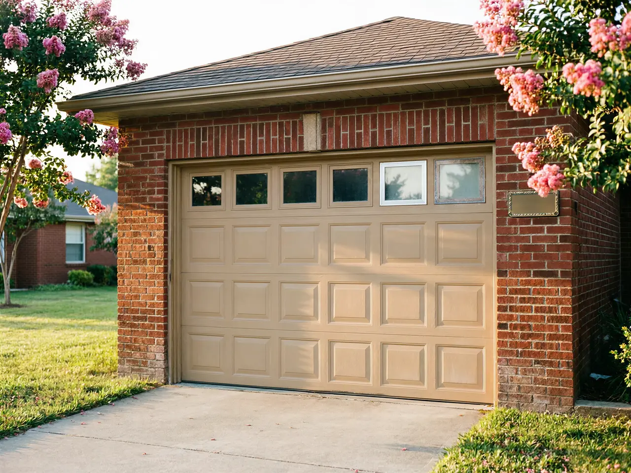 A tan garage door with windows is set in a red brick house.